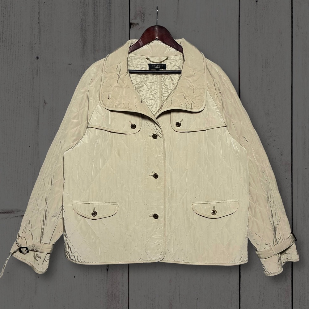 Talbots Quilted Button Front Utility Jacket Women XL Beige